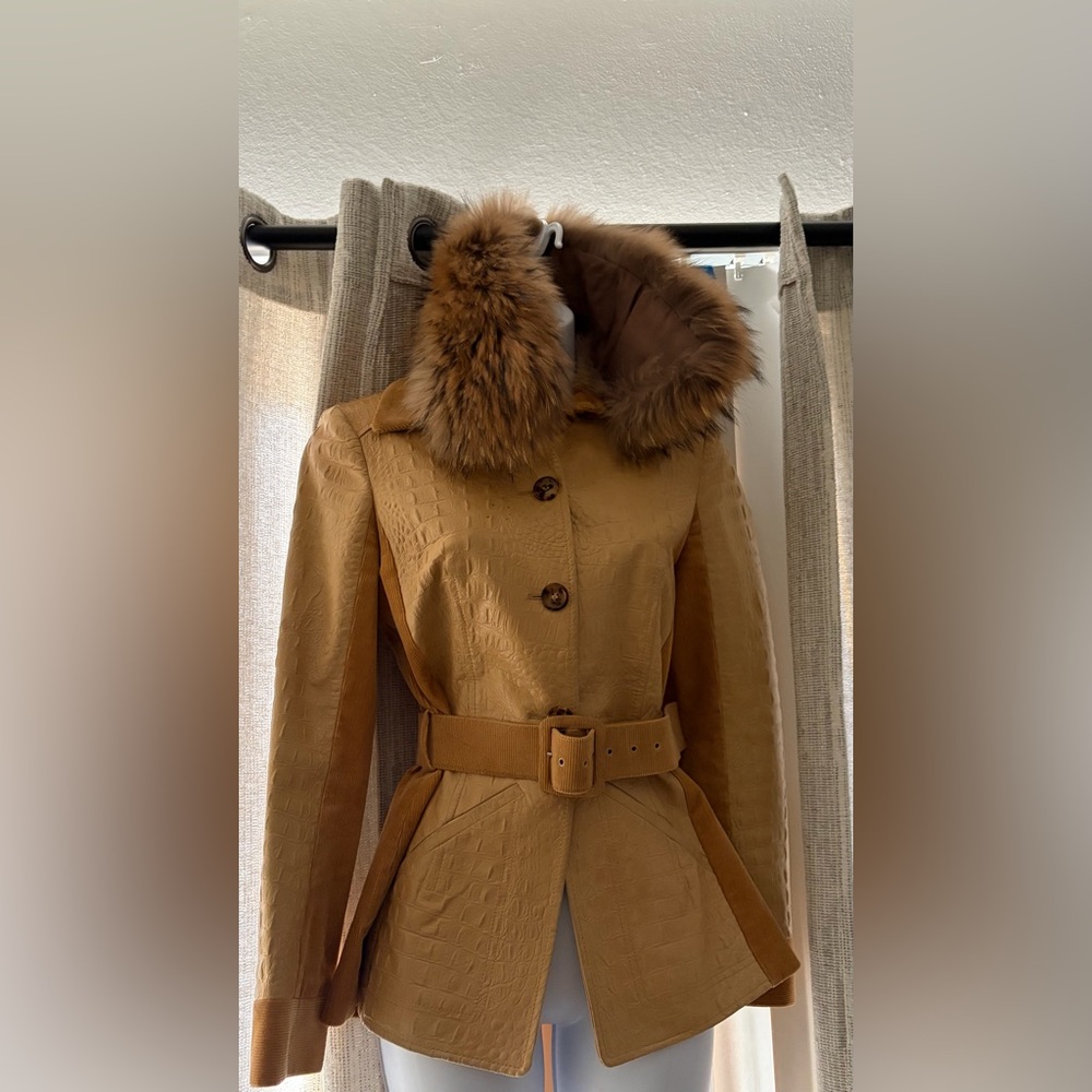 Stefanel Tan Trench Coat with Faux Fur Collar